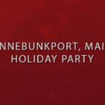 Kennebunkport, Maine Holiday Party: Red background with Christmas bulb decorations on it.