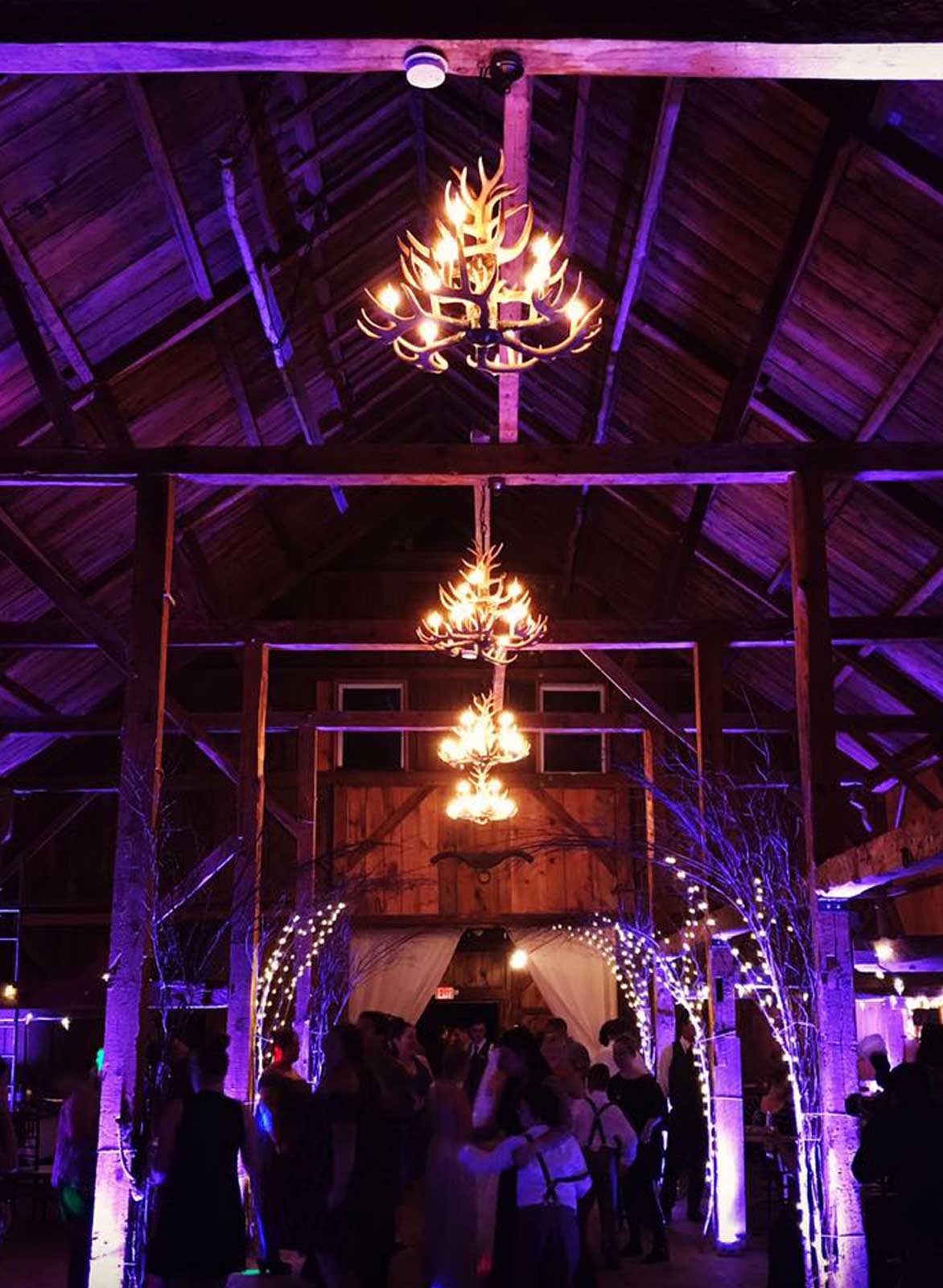 purple Maine Wedding Uplighting in a Barn